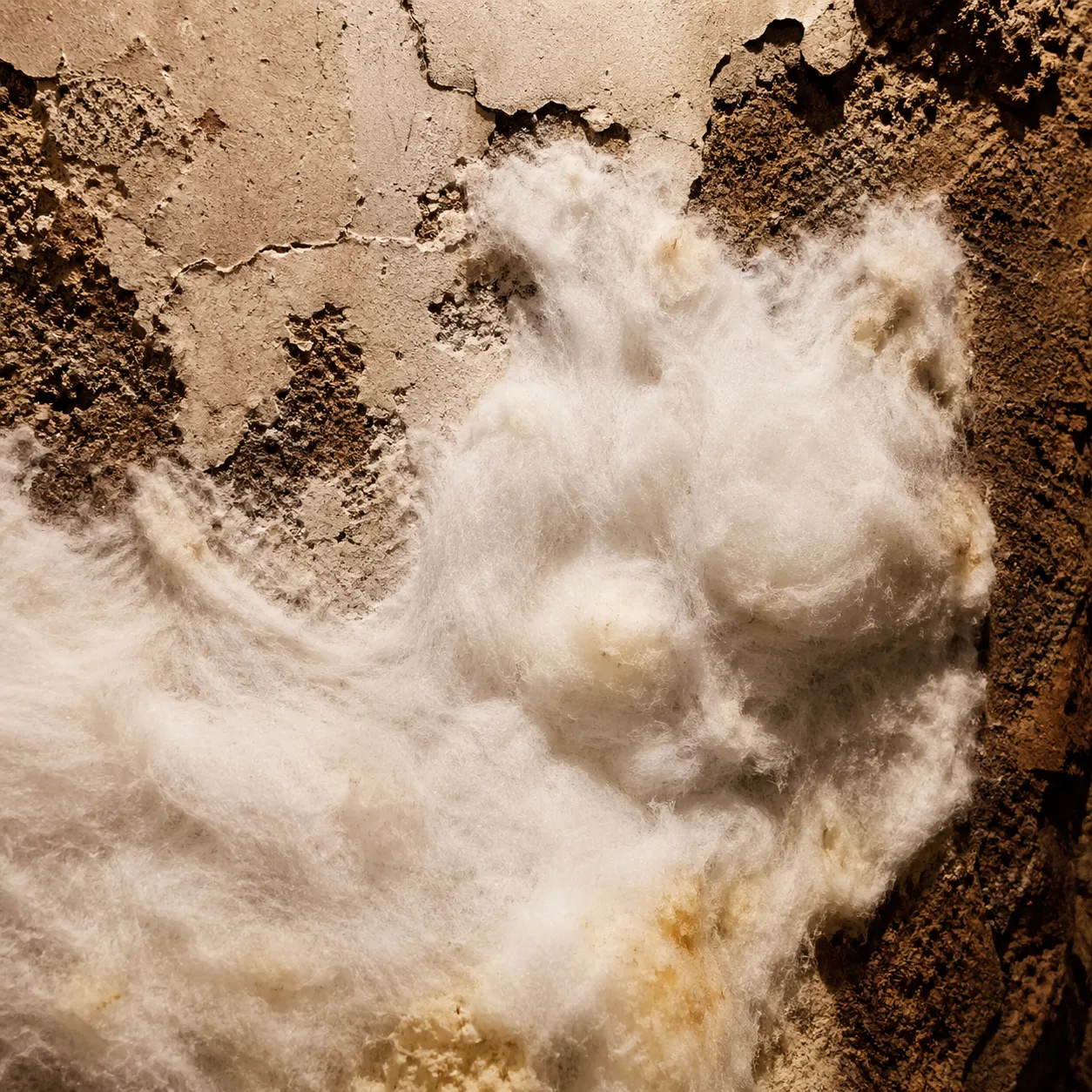 Mycélium blanc cotonneux de la mérule Serpula lacrymans sur un mur humide intérieur