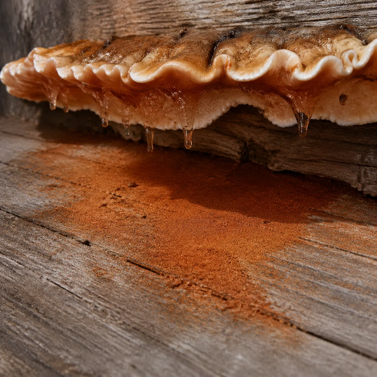 Sporée rouille caractéristique de la mérule au sol sous une fructification active