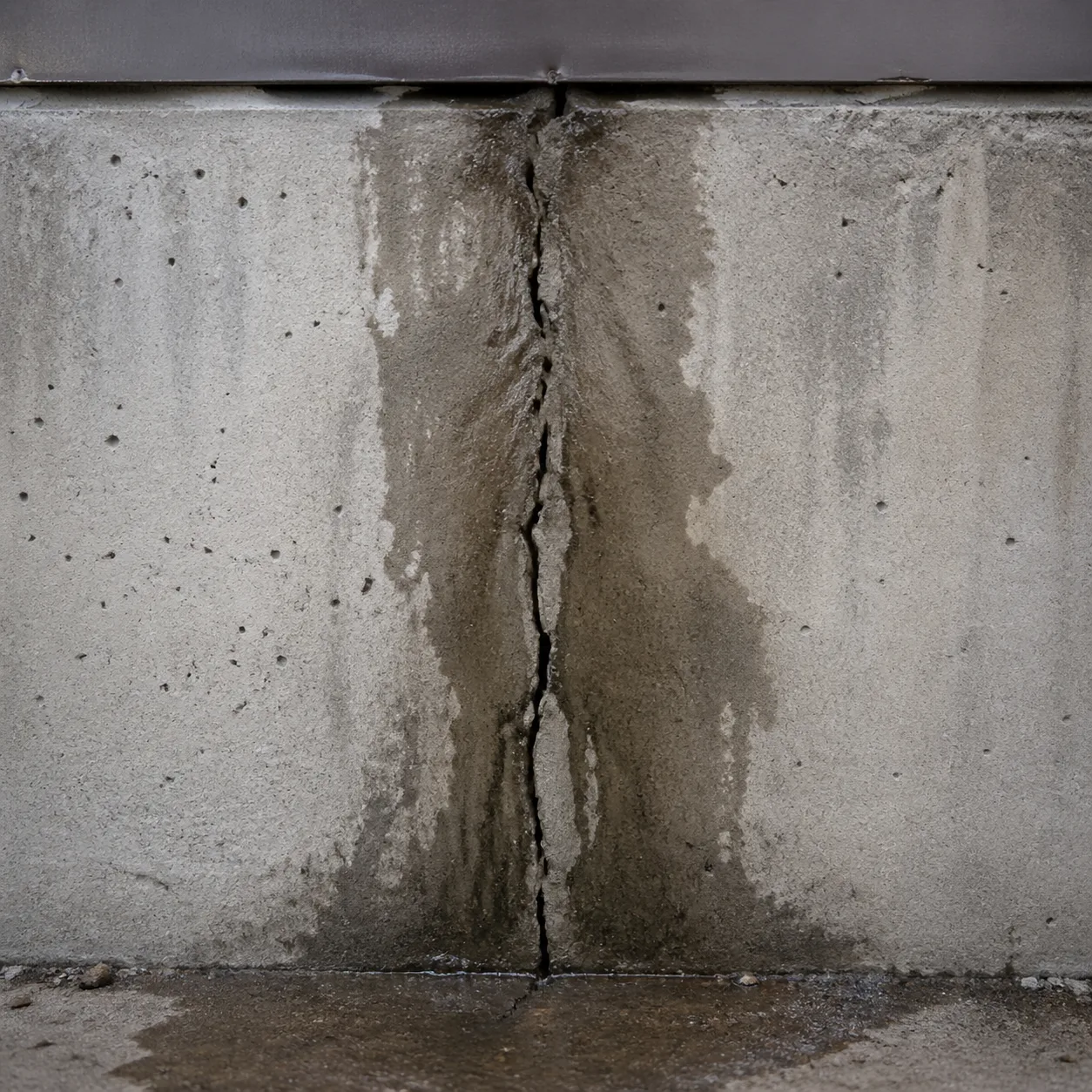 Fissure dans un mur en béton avec infiltration d'humidité, conditions favorisant la mérule