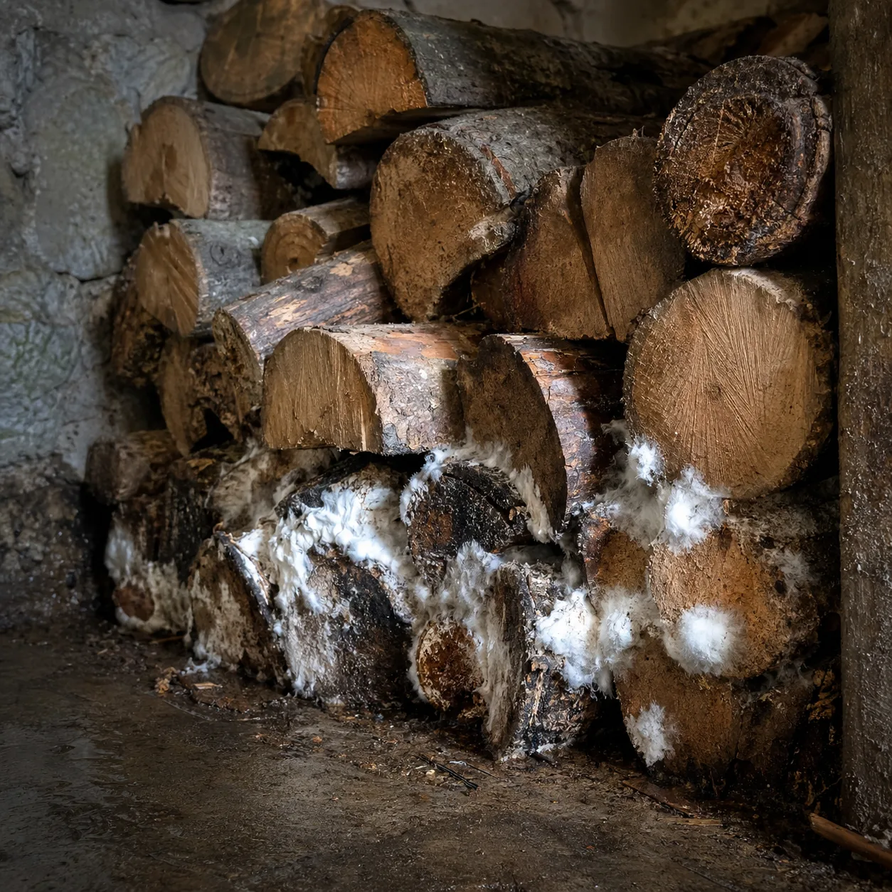 Bois de chauffage stocké en cave avec début de développement de mérule