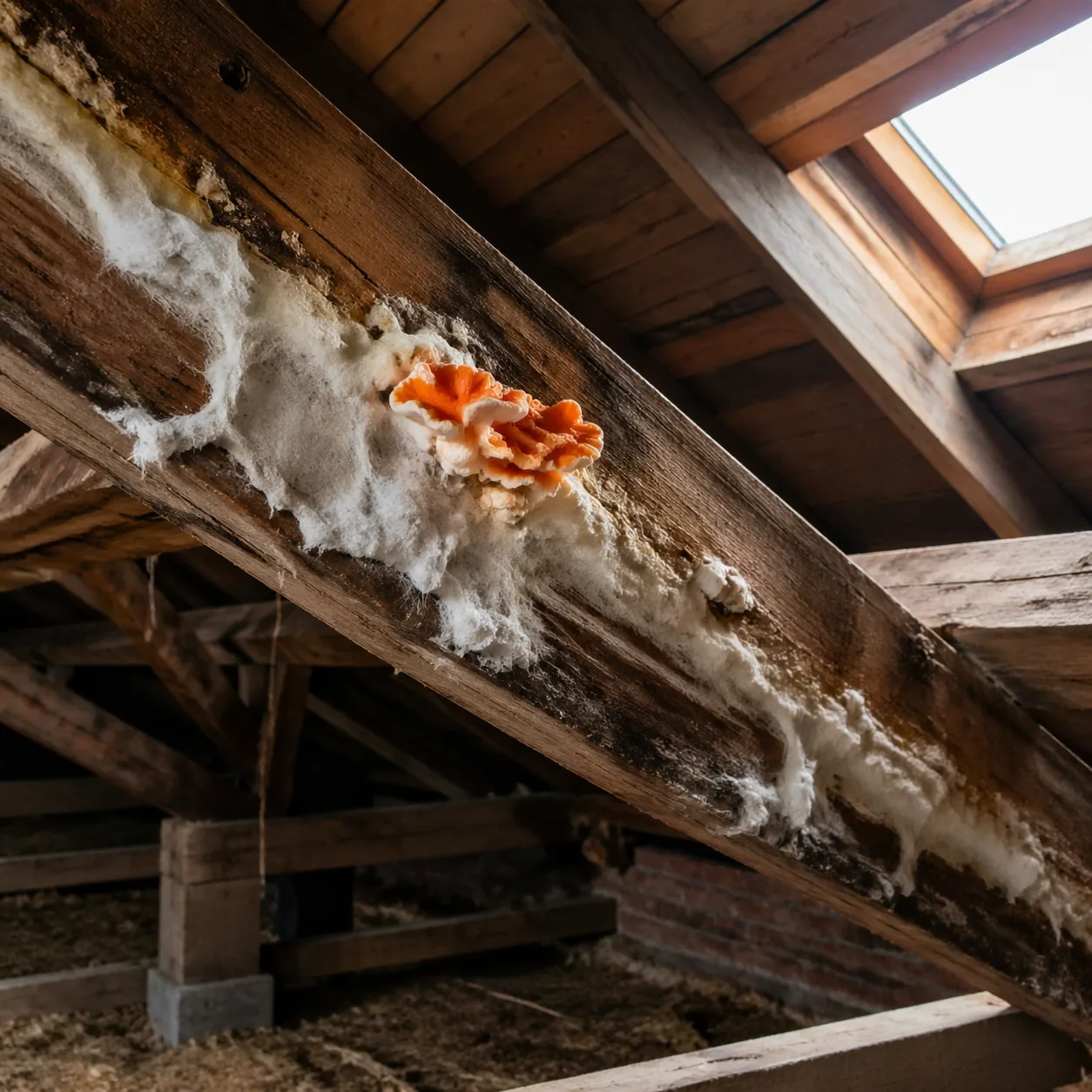 Développement de la mérule sur une charpente en bois traditionnelle