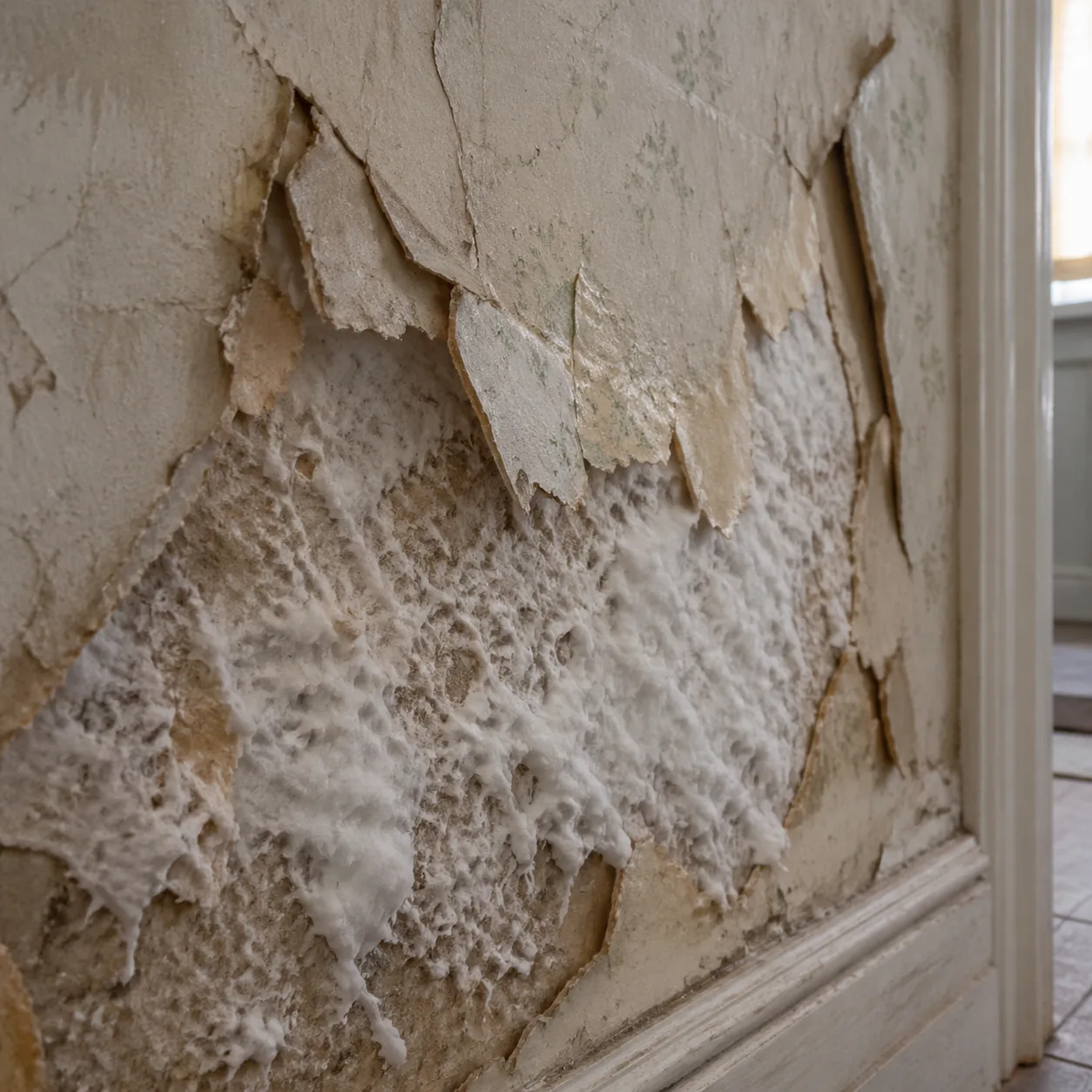 Papier peint intérieur soulevé révélant un développement de mérule