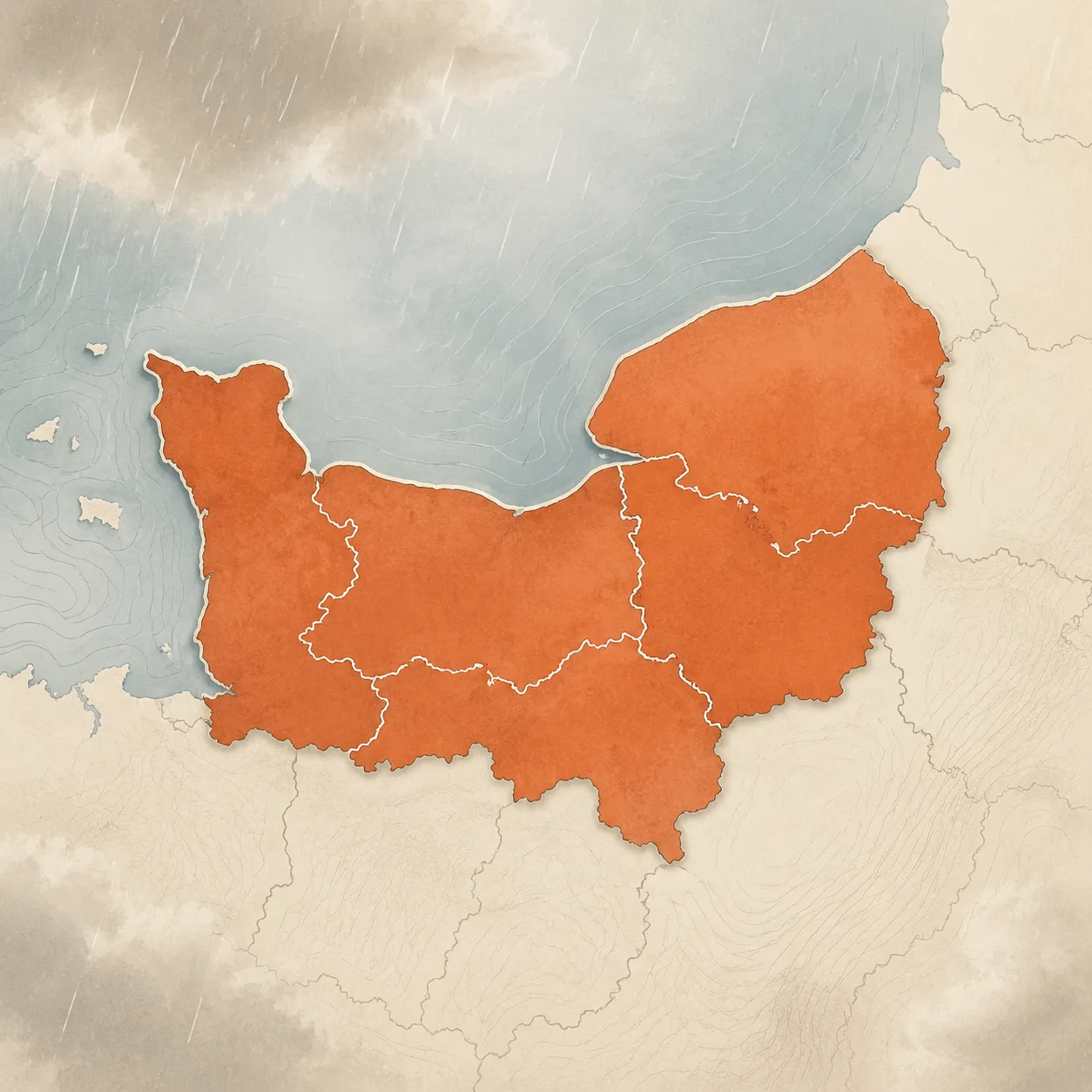 Zoom cartographique sur la Normandie, région à fort risque mérule