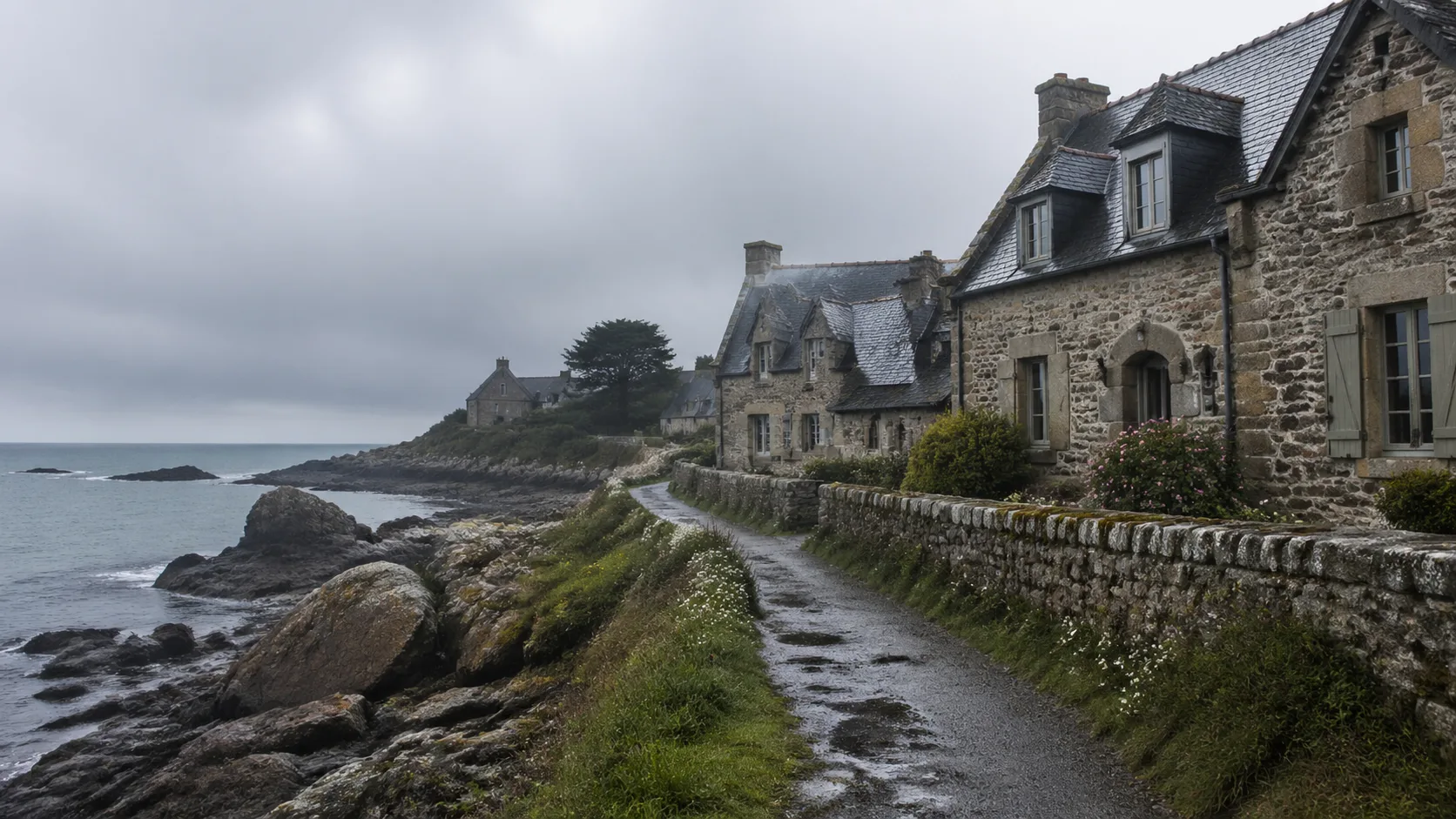 Paysage breton côtier pluvieux avec architecture en granit, climat propice à la mérule