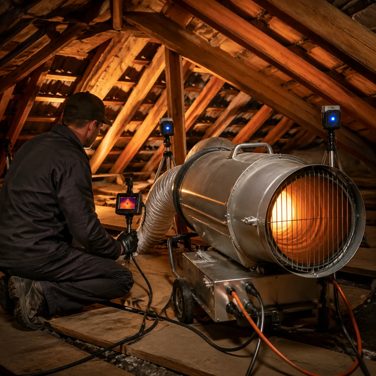 Canon à air chaud installé pour traitement thermique de la charpente contre la mérule