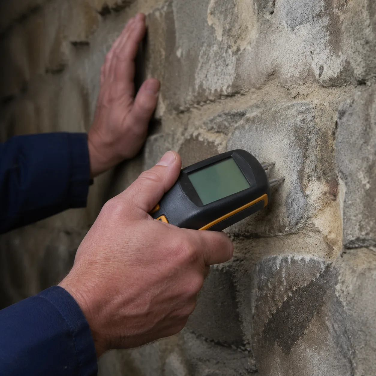 Surveillance post-traitement avec hygromètre sur un mur de cave traité