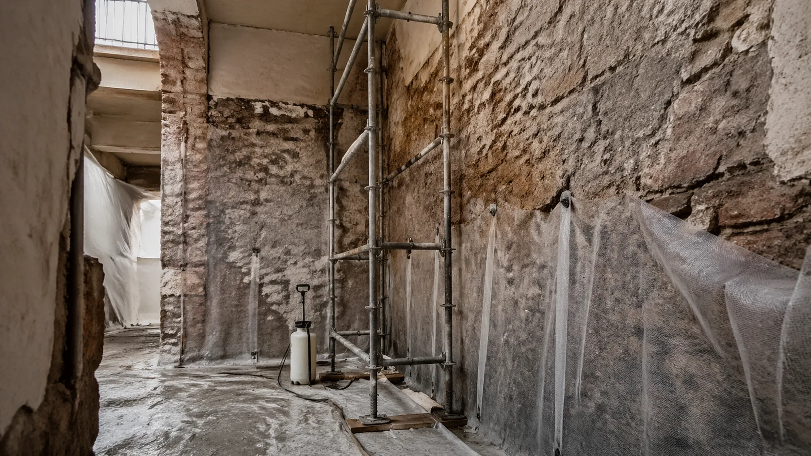 Chantier complet de traitement anti-mérule dans une cave en pierre traditionnelle