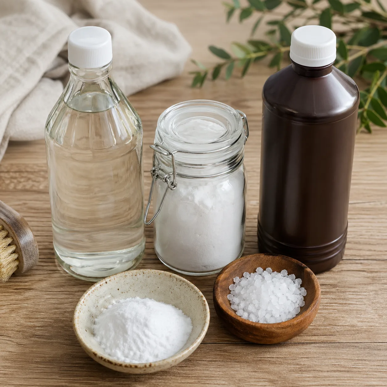 Produits naturels souvent évoqués contre la mérule : vinaigre, bicarbonate, sel et peroxyde