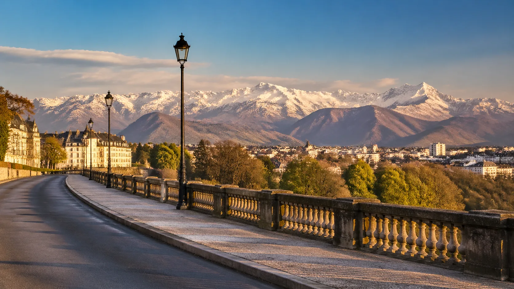 Boulevard des Pyrénées à Pau et vue sur les montagnes