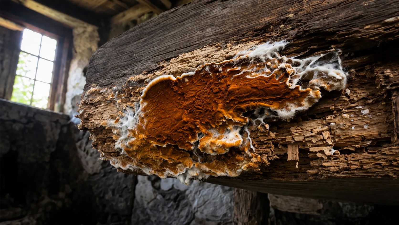Mérule pleureuse Serpula lacrymans en fructification mature sur charpente, le champignon lignivore le plus destructeur en France